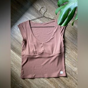 Vuori Brown Cap Sleeve Cove V-neck Pepper Ribbed Knit Built In Bra (Sz S) (new!)